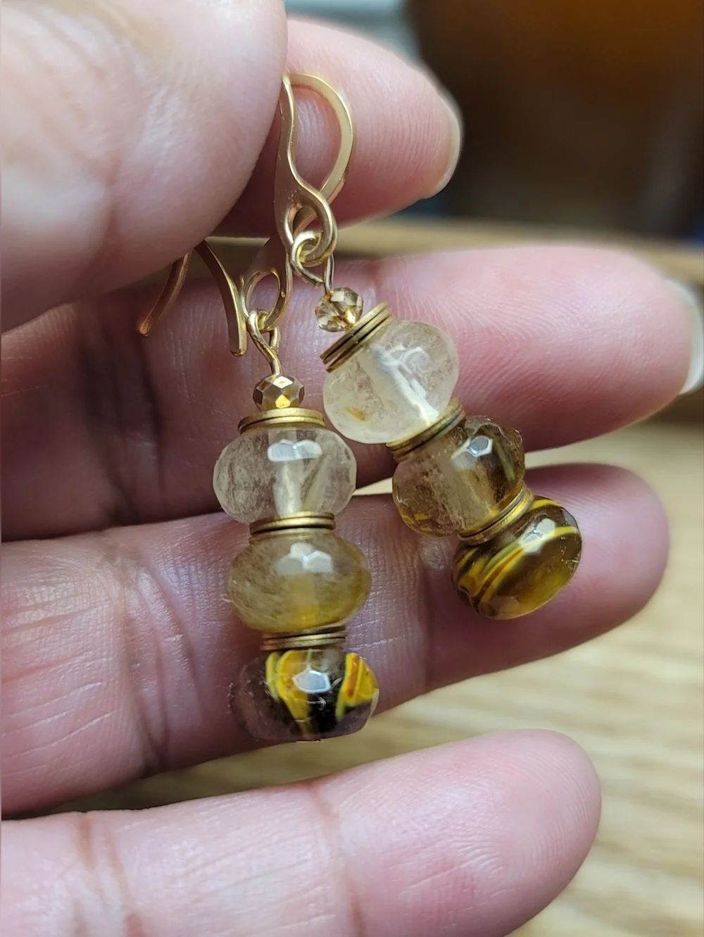 Handmade Volcano Cherry Quartz Dangle Earrings Gold Tone Neutral Beaded Drop